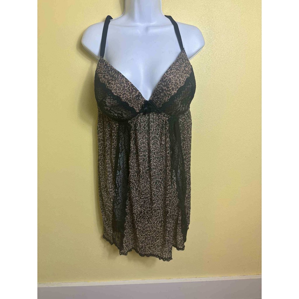 Olga Flirty 2X Leopard Print Lace Trim Babydoll‎ Lingerie Adjustable Straps